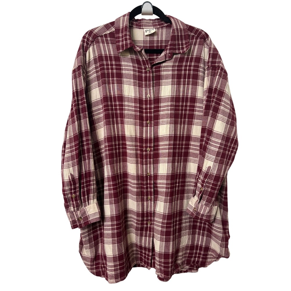 Pact Women Fireside Flannel Oversized Shirt XL/XXL Burgundy Plaid Organic Cotton